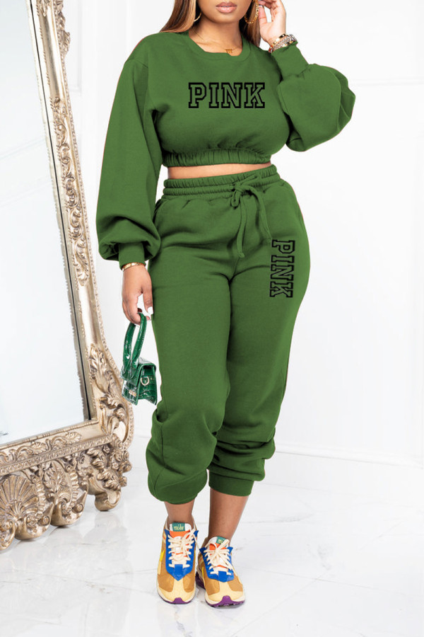 Green Casual Daily Letter Print O Neck Long Sleeve Two Pieces