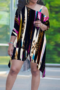 Stripe Casual Street Gradient Leopard Stripe Splashed ink printing Contrast Sloping Shoulder Plus Size Two Pieces