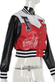 Red Street Print Buckle Patchwork Mandarin Collar Outerwear