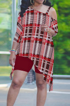 Red Casual Plaid Zebra Print Splashed ink printing Irregular Contrast Sloping Shoulder Plus Size Two Pieces