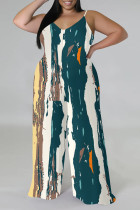 Ink Green Casual Street Plaid Camouflage Print Letter Print Contrast V Neck Plus Size Jumpsuits(With a turban)