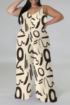 Cream White Casual Street Plaid Camouflage Print Letter Print Contrast V Neck Plus Size Jumpsuits(With a turban)