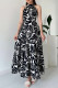 Black Elegant Print Patchwork High Slit Strap Design O Neck Long Dresses