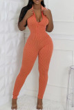 Grey Sexy Patchwork Zipper Contrast Zipper Collar Skinny Jumpsuits