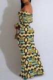 White Blue Elegant Geometric Print Leopard Print Flowers Off Shoulder One Step Skirt Dresses