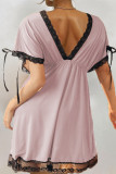 Pink Sexy Lace Patchwork Backless Bow Decor Contrast V Neck Straight Dresses
