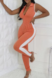 Grey Sexy Patchwork Zipper Contrast Zipper Collar Skinny Jumpsuits