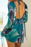 Rose Red Sexy Print Hollow Out Patchwork Backless Strap Design Deep V Neck Wrapped Skirt Dresses