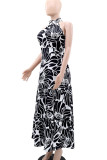 Black Elegant Print Patchwork High Slit Strap Design O Neck Long Dresses