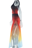 Tangerine Elegant Gradient Color Patchwork Backless High Slit Strap Design Oblique Collar Sleeveless Two Pieces