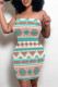 Green Sexy National Totem Print Contrast Strapless Printed Dresses