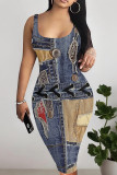 Blue Sexy Print Patchwork Backless Square Neck Wrapped Skirt Dresses