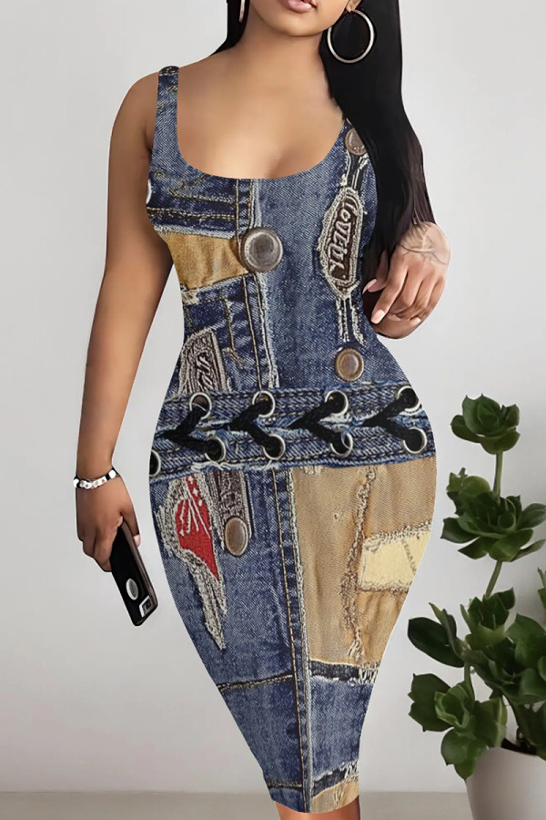 Blue Black Sexy Print Patchwork Backless Square Neck Wrapped Skirt Dresses