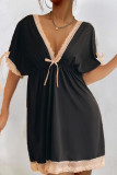 Pink Sexy Lace Patchwork Backless Bow Decor Contrast V Neck Straight Dresses