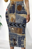 Blue Sexy Print Patchwork Skinny Mid Waist Pencil Positioning Print Bottoms