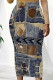 Blue Black Sexy Print Patchwork Skinny Mid Waist Pencil Positioning Print Bottoms