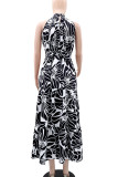Black Elegant Print Patchwork High Slit Strap Design O Neck Long Dresses