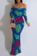 Blue Elegant Geometric Print Leopard Print Flowers Off Shoulder One Step Skirt Dresses