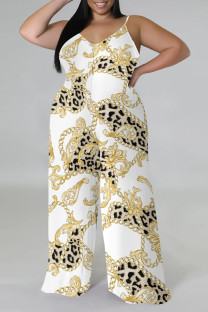 Apricot Casual Street Plaid Camouflage Print Letter Print Contrast V Neck Plus Size Jumpsuits(With a turban)