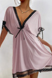 Pink Sexy Lace Patchwork Backless Bow Decor Contrast V Neck Straight Dresses