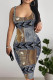Khaki Sexy Print Patchwork Backless Square Neck Wrapped Skirt Dresses