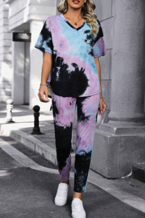 Multicolor Casual Tie Dye Patchwork V Neck Half Sleeve Two Pieces