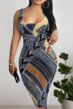Blue Sexy Print Patchwork Backless Square Neck Wrapped Skirt Dresses