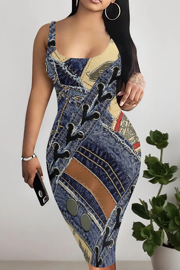 The cowboy blue Sexy Print Patchwork Backless Square Neck Wrapped Skirt Dresses