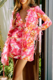 Rose Red Sexy Print Hollow Out Patchwork Backless Strap Design Deep V Neck Wrapped Skirt Dresses