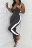 Grey Sexy Patchwork Zipper Contrast Zipper Collar Skinny Jumpsuits
