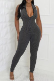 Grey Sexy Patchwork Zipper Contrast Zipper Collar Skinny Jumpsuits