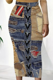 Blue Sexy Print Patchwork Skinny Mid Waist Pencil Positioning Print Bottoms