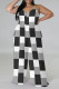 Gray White Casual Street Plaid Camouflage Print Letter Print Contrast V Neck Plus Size Jumpsuits(With a turban)