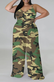 Camouflage Casual Street Plaid Camouflage Print Letter Print Contrast V Neck Plus Size Jumpsuits(With a turban)