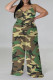 Camouflage Casual Street Plaid Camouflage Print Letter Print Contrast V Neck Plus Size Jumpsuits(With a turban)