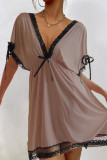 Pink Sexy Lace Patchwork Backless Bow Decor Contrast V Neck Straight Dresses