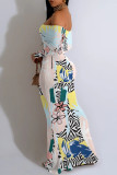 White Blue Elegant Geometric Print Leopard Print Flowers Off Shoulder One Step Skirt Dresses