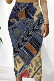 Blue Sexy Print Patchwork Skinny Mid Waist Pencil Positioning Print Bottoms