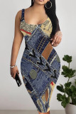 Blue Sexy Print Patchwork Backless Square Neck Wrapped Skirt Dresses