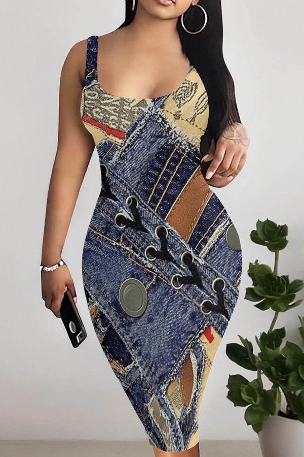 Blue Sexy Print Patchwork Backless Square Neck Wrapped Skirt Dresses