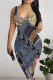 Blue Sexy Print Patchwork Backless Square Neck Wrapped Skirt Dresses