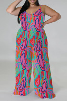 Rose Red Casual Street Plaid Camouflage Print Letter Print Contrast V Neck Plus Size Jumpsuits(With a turban)