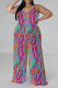 Rose Red Casual Street Plaid Camouflage Print Letter Print Contrast V Neck Plus Size Jumpsuits(With a turban)