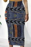 Blue Sexy Print Patchwork Skinny Mid Waist Pencil Positioning Print Bottoms