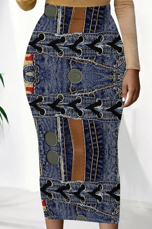 Blue Brown Sexy Print Patchwork Skinny Mid Waist Pencil Positioning Print Bottoms