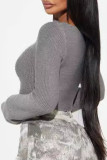 Grey Sexy Solid Color Ripped Patchwork O Neck Tops