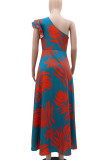 Red Elegant Print Patchwork Backless High Slit Ruffled Trim Oblique Collar Long Dresses