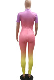Multi-color Casual Gradient Color Patchwork Strap Design Zipper Half A Turtleneck Skinny Jumpsuits