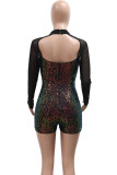 Black Sexy Gradient Color Hollow Out Sequins Patchwork Feathers Backless Zipper O Neck Skinny Rompers