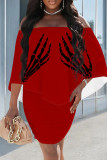 Red Sexy Print Patchwork Backless Off Shoulder Wrapped Skirt Dresses